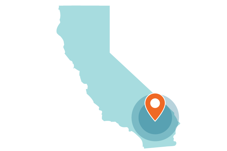 Illustrated map of California with a pin showing the new market in Inland Empire