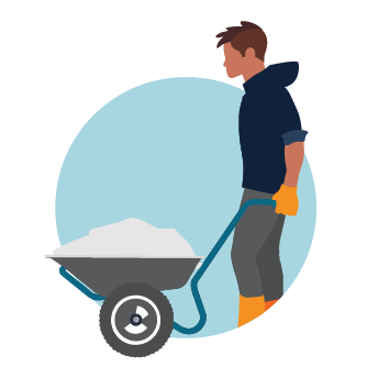 Icon Illustration of a tradesperson wearing a Skilled Trades hoodie and pushing a wheelbarrow