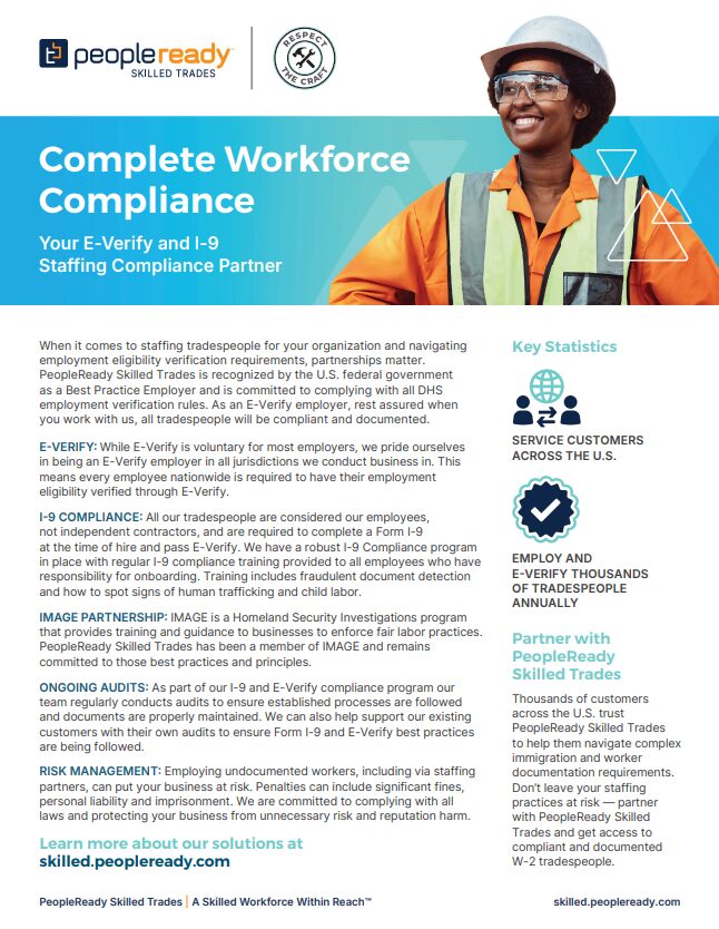 Information sheet describing PeopleReady Skilled Trades' commitment to E-Verify and I-9 compliance. 