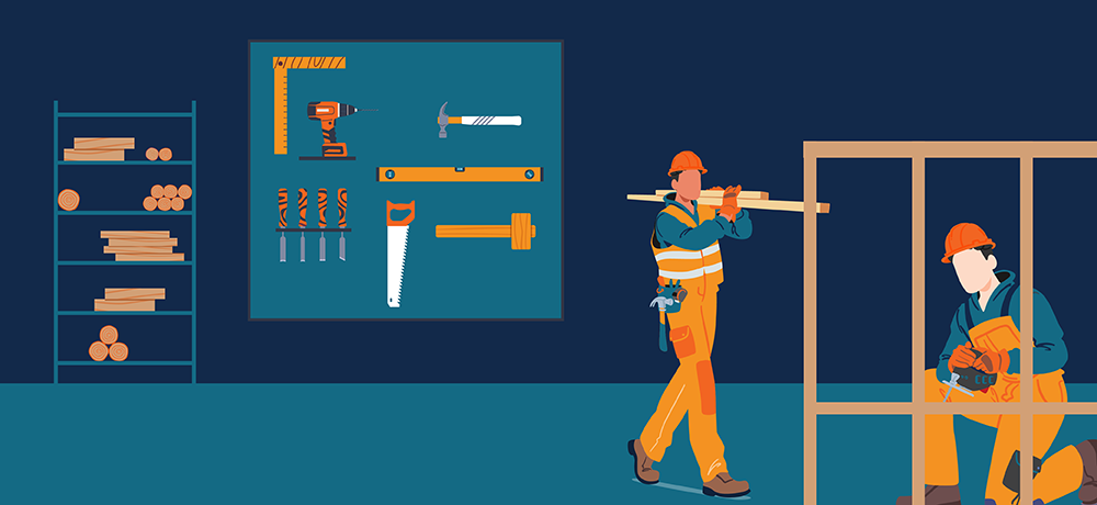 Illustration of two carpenters wearing safety gear and winter clothing. One carpenter is carrying lumber. The other carpenter is using tools to frame a wall. The background shows tools and materials.